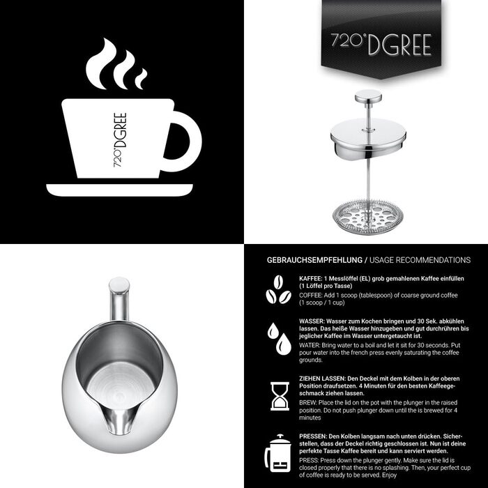 Френч-прес 720°DGREE Sunrise 1 л з нержавіючої сталі, BPA-free, прес-фільтр для кави, елегантна кавоварка на 4-8 чашок