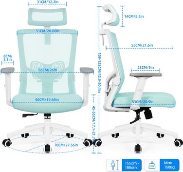 Ергономічне крісло Daccormax для офісу: регульована підголовник, підлокітники, підтримка попереку, поворотний механізм, функція гойдання, сітчасте крісло, турбота про спину, 150 кг (Турквіс)