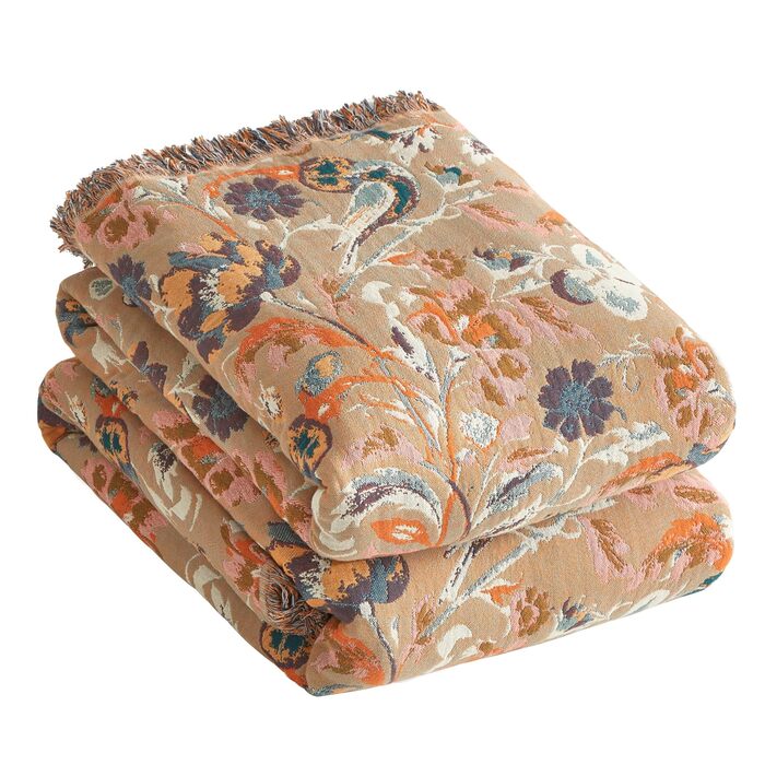 Богемна ковдра Boho 150x200 см з 100% бавовни, двостороння муслінова ковдра, плед для дивану та ліжка, patchwork, літня ковдра для вітальні, зелено-бежева (230x250 см, квіти та птахи)