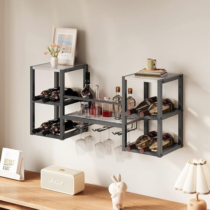 Настінна вітрина для вина VEDECASA на 3 яруси з 6 тримачами для келихів, сіра