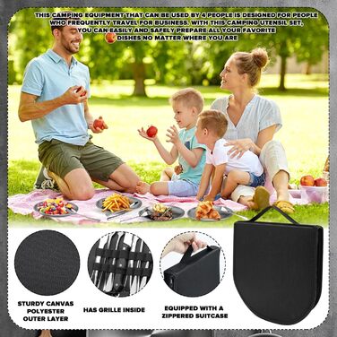 Набір посуду для кемпінгу на 4 особи, 22 шт. Посуд для відпочинку на природі, столові прибори (ложки, виделки, ножі), фіксатори для тарілок, серветки для миття. Ідеально для пікніків та подорожей.