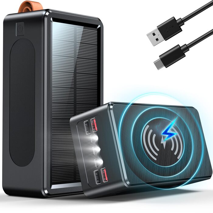 Портативний акумулятор 90000 mAh з сонячною панеллю, PD35W, QC 3.0, Wireless, USB-C, 6 виходів, LED дисплеєм, SOS ліхтарик для подорожей, кемпінгу, відпочинку на природі, чорний