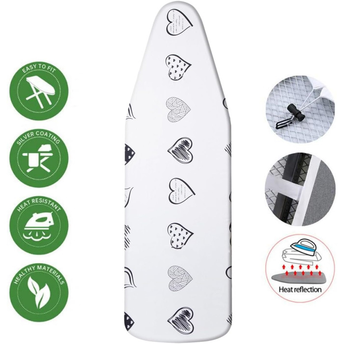 Гладильна дошка Yizunnu: 140x50 см, товсте покриття, шнурок, регульований затискач, простий монтаж, стійкий до подряпин принт (серце)