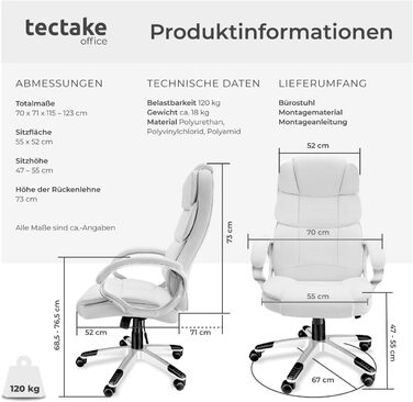 Крісло для офісу Tectake® з підлокітниками, регулюванням висоти та функцією гойдання, шкіряне, біле