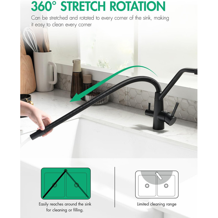 Змішувач кухонний поворотний на 360° з висувним дощувачем, з позолоченим покриттям, для кухні, однорідний, з трьома виходами, чорний