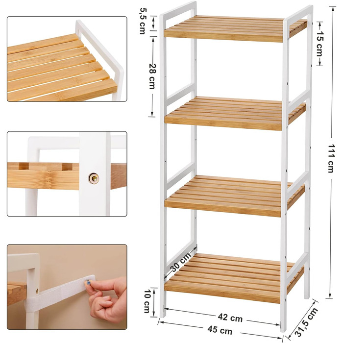 SONGMICS Bamboo Shelf, Kitchen Shelf, Bathroom Shelf, Bookshelf, Freestanding Shelf with 4 Shelves, 45 x 31.5 x 111 cm, for Bathroom, Kitchen, Living Room, Bedroom, Balcony, Natural White BCB74WN