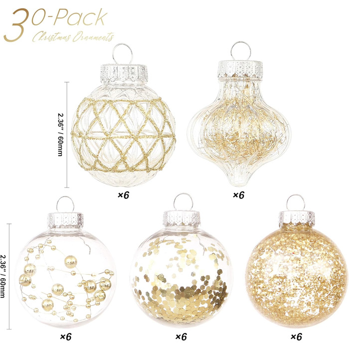 Набір прикрас для ялинки Sea Team 60 мм (30 шт.) — золоті кулі з малюнком та блискітками