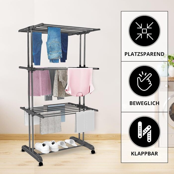 Воніа - багаторівнева сушилка для білизни на колесах, білий металевий стійка, 3 яруси, 6 відкидних крил, 72 x 50 x 172 см, економна, мобільна та стабільна для внутрішнього та зовнішнього використання