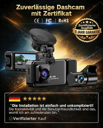 3-канальний автомобільний відеореєстратор 4K (передній, задній, салонний), 170° широкий кут, нічна зйомка, паркування 24/7, G-сенсор, WiFi 5.8 ГГц, SD-карта 64ГБ, чорний