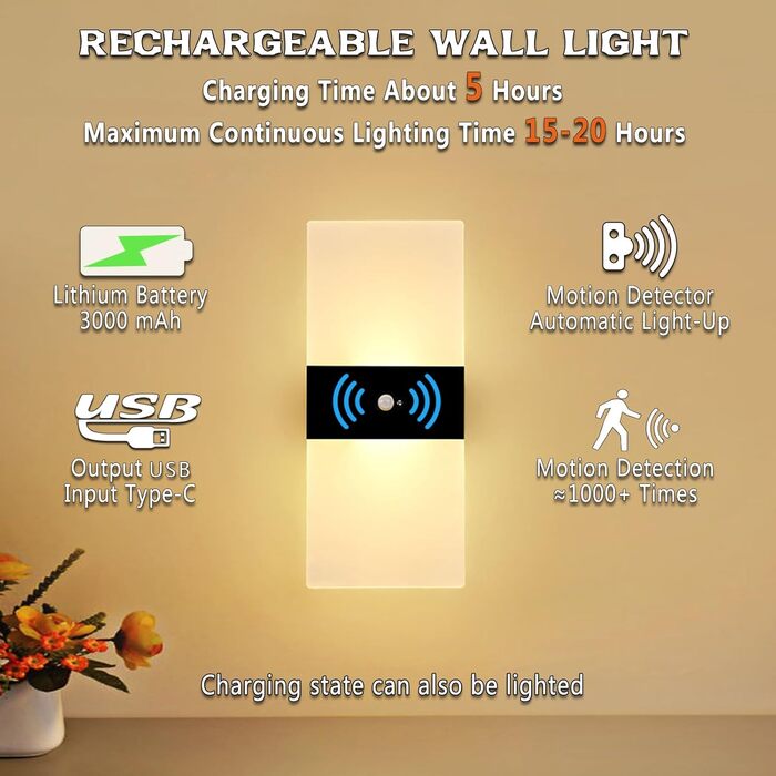 LED-лампа на батарейках VOMI з датчиком руху для дому, акрил, USB-зарядка, 4000mAh, для коридору та сходищ, 2 штуки, тепле світло (сенсор 3000k)