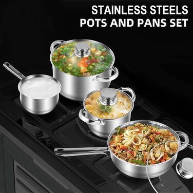 RIOVARM Stainless Steel Cookware Set with Lids, Induction Non-Stick Cookware Set, PFOA-Free, Kitchen Essentials Set, Suitable for Ovens, Frying Pan, Saucepan, Sauteuse, Saucepan, Casserole, Stainless Steel Cookware Set