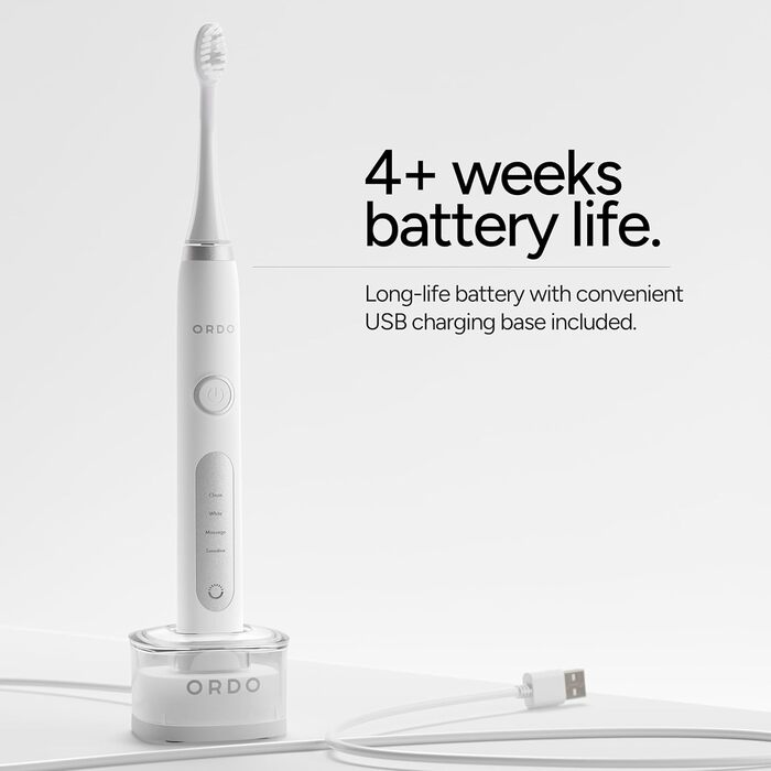 Електрична зубна щітка Ordo Sonic Advanced Smart Tech з 4 режимами чищення, USB-зарядкою, сріблясто-білого кольору
