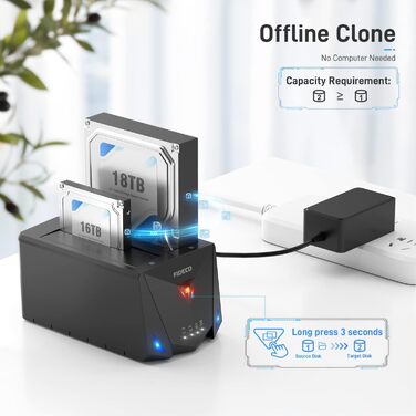 Док-станція для жорстких дисків FIDECO з USB 3.2 Gen1, 2 відсіки SATA HDD/SSD, підтримка UASP та офлайн-клонування, Type-C