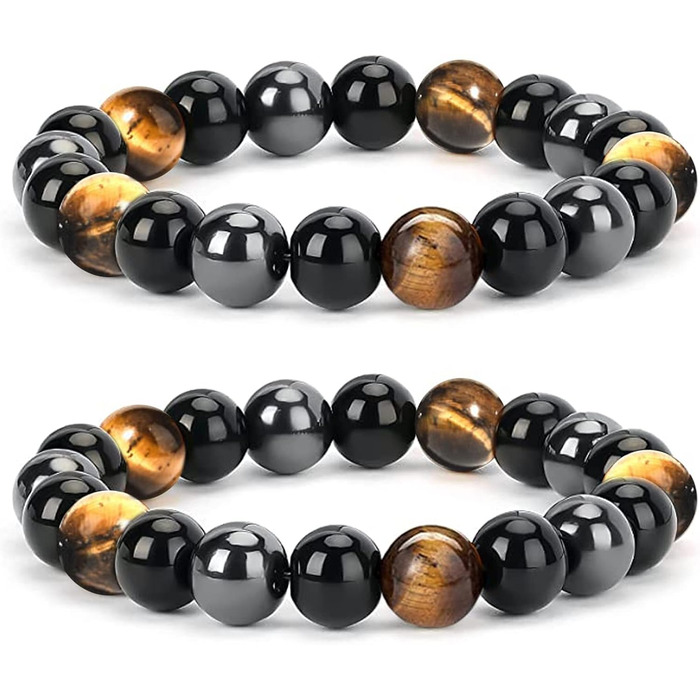 Браслет з тигровим оком, чорним турмаліном, обсидіаном та гематитом. Захисний браслет для чоловіків та жінок. Подарунок для друзів, чоловіка, батька (еластичний)