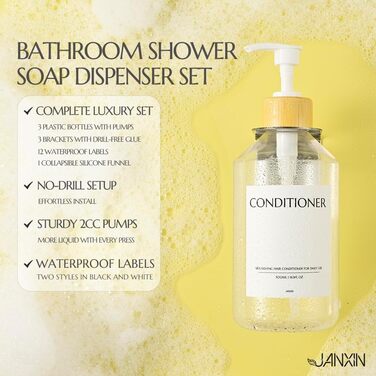 Настінний диспенсер для мила 3 шт, 500 мл, набір для душу та шампуню, чорний без свердління для кухні та ванної кімнати (прозора пляшка + білий бамбуковий ковпачок)