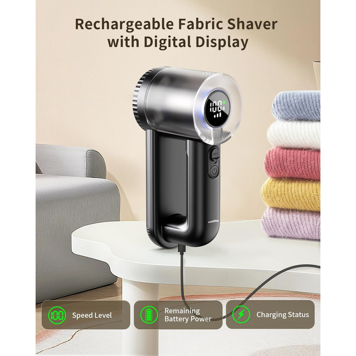 Електричний видалення ворсу з тканини з щіткою для ворсу, XL, з цифровим дисплеєм, 3 великі леза, видалення ворсу з одягу, меблів, ковдр, чорний