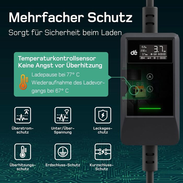 Кабель для зарядки електромобіля Type 2 Schuko 3,7kW (6-16A, 1-фазний) з LCD-дисплеєм, 7м, чорний, для ID.3/4/5/7, Model Y/3, ENYAQ та інших PHEV/EV