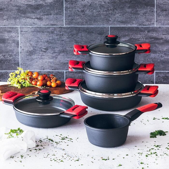 Гриль BRA Premiere смугастий 22 см, алюмінієвий литий, тришаровий з антипригарним покриттям без PFOA, для всіх плит (індукція), червоний