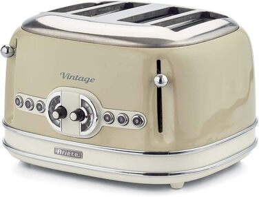 Тостер Ariete Vintage 156 на 4 скибки, ретро-дизайн, 6 режимів підсмажування, автоматичний викид, функція розморожування, знімний лоток для крихт, корпус з нержавіючої сталі, 1600 Вт, бежевий
