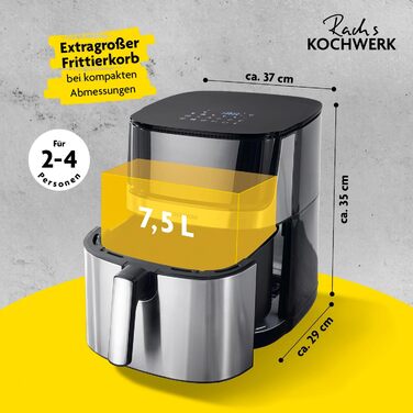 Фритюрниця RACHS KOCHWERK Vario-Doppelkammer 9 л з роздільною камерою, сенсорним екраном та 8 програмами | Airfryer для смаження без олії, з функцією Smart-Cook (нержавіюча сталь / чорний)