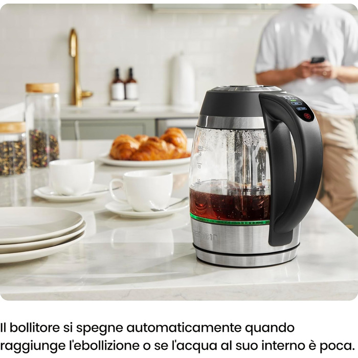 Електричний чайник Chefman 1.8L з нержавіючої сталі, автоматичне вимкнення, захист від перегріву, скло Borosilikat, функція підігріву