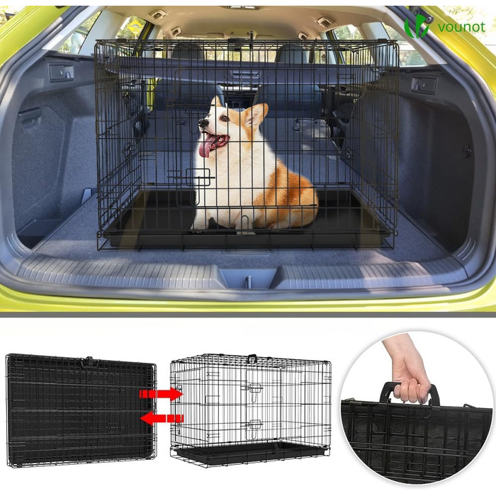 Клітка для собак VOUNOT, розкладна з кришкою, 122x75x81 см, чорна. Автомобільна переноска для собак, з подвійними дверцятами та знімною підстілкою. XXL, 92x58x64 см (без кришки)