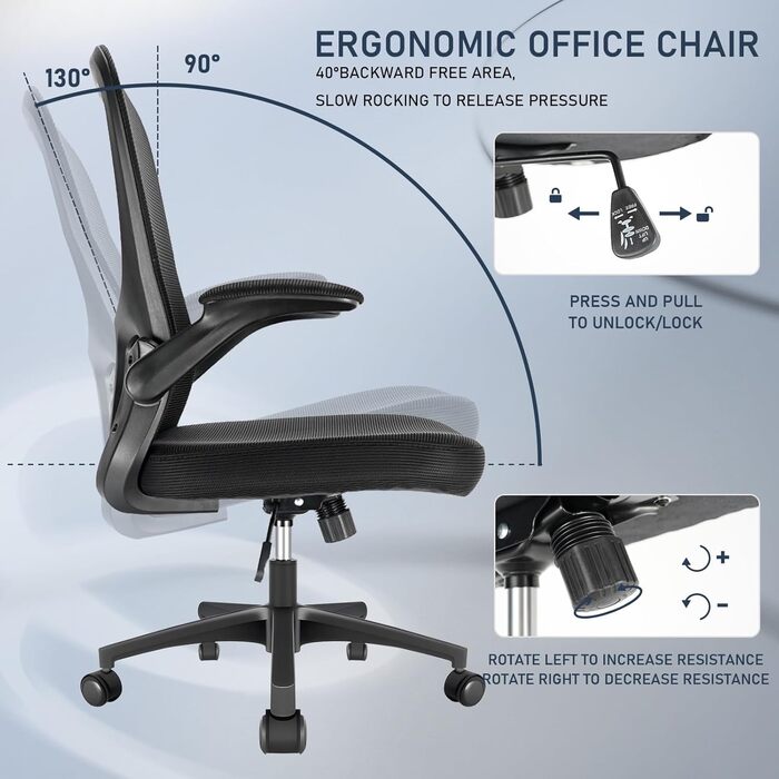 Ергономічне крісло для офісу та робочого столу з підйомними підлокітниками, регульованою підтримкою попереку, регульованою висотою поворотного сидіння та спинкою з сіткою, що нахиляється до 130°, чорне