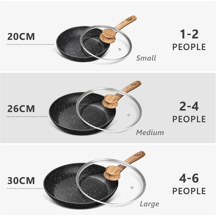 Сковорода MICHELANGELO 20 см з кришкою, антипригарна кам'яна сковорода з дерев'яною ручкою та бакелітовою ручкою, чорна