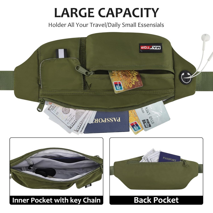MAXTOP Поясна сумка через плече для чоловіків та жінок, спортивна, водонепроникна, для подорожей, фітнесу, йоги, бігу (Зелена)