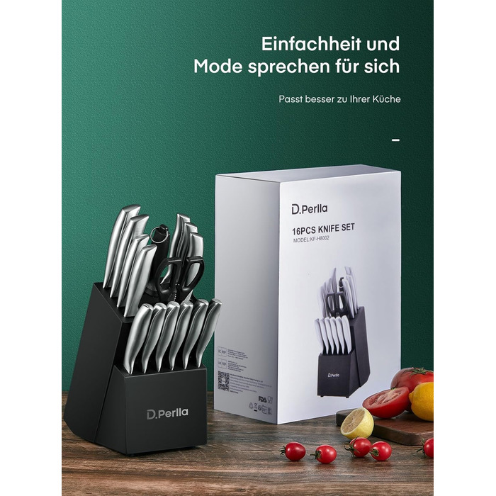 D.Perlla Professional 16-Piece Knife Set with Wooden Block - Extra Sharp & Ergonomic Stainless Steel Kitchen Knives