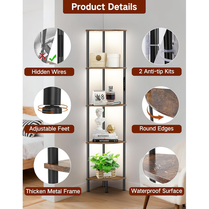 Стійка лампа OUTONLIFE з полицями, LED, 3 режими, регулювання яскравості, пульт, 5 ярусів, для вітальні, спальні, офісу, колір: Rustic Brown