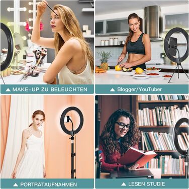 LED кільцева лампа з штативом для телефону, 10 дюймів, з пультом дистанційного керування та подвійним тримачем для телефону, 3 кольори та 10 рівнів яскравості для YouTube, TikTok, фотографії, трансляцій в прямому ефірі [настільний штатив включено]