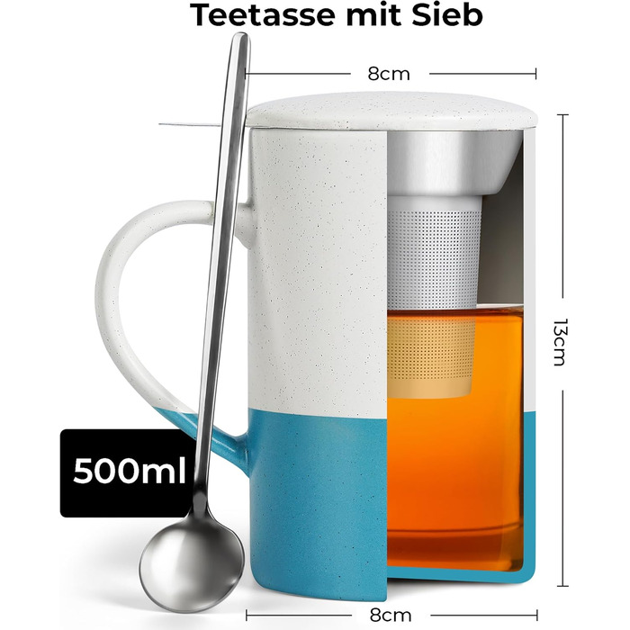 Набір чайних чашок Miamio 2 x 500 мл з кришкою та ситом, з чайним ситечком та ложкою, для заварювання листового чаю, подарунок для жінок, безпечно для мікрохвильової печі та посудомийної машини (блакитний)