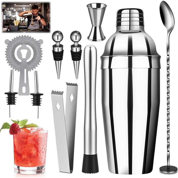 Набір для приготування коктейлів, 10 предметів, нержавіюча сталь, 750 мл, барменський набір з аксесуарами, для бару, вечірки, подарунок для чоловіків