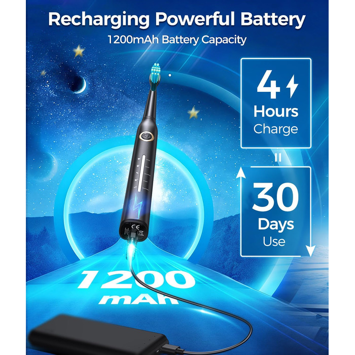 Звукова зубна щітка Schallzahnbürste для дорослих, 8 насадок, 40000 об/хв, 5 режимів, до 30 днів роботи, швидка зарядка, IPX7 водонепроникна, чорна