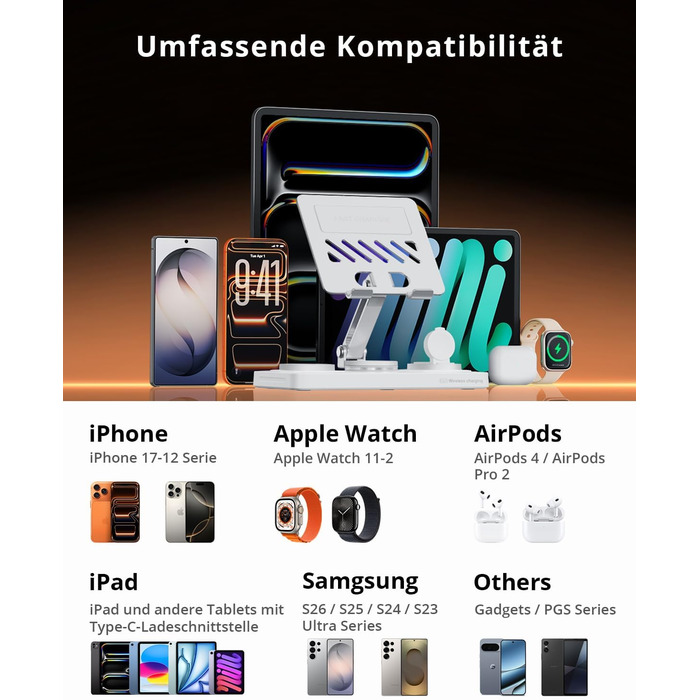 Зарядна станція Geekera 4-в-1 для Apple: кабель для iPad, магнітна бездротова зарядка iPhone Air/12-17, Apple Watch, AirPods (Металевий білий)