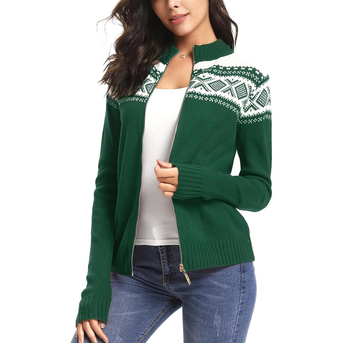 Жіночий святковий кардиган Sykooria з блискавкою та стоячим коміром. Теплий в'язаний светр з довгими рукавами для святкування Різдва. Розмір XL, колір Зелений B