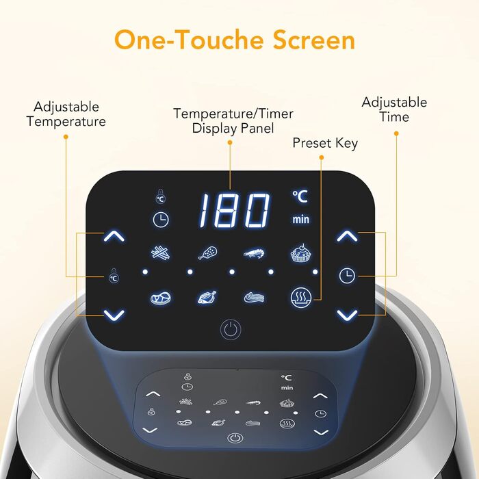 Hot Air Fryer, XXL Hot Air Fryer Oil-Free 8L 1800W, Air Fryer with Recipe Book in German, 8 Programs, Adjustable Temperature Control Acekool Gray