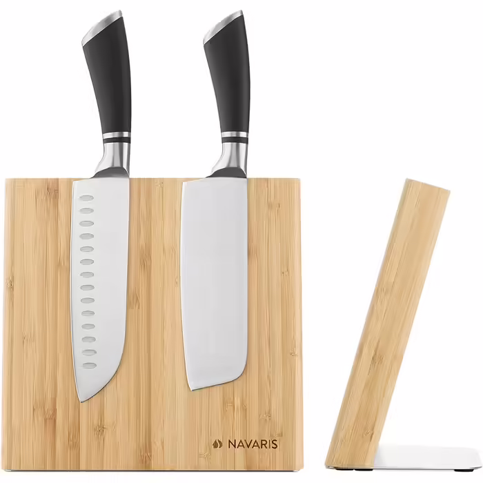 Navaris Magnetic Knife Holder made of Bamboo 23x22.5x12cm - Magnetic Knife Block Knife Board Wood Magnet Holder - Knife Holder Unfurnished Brown