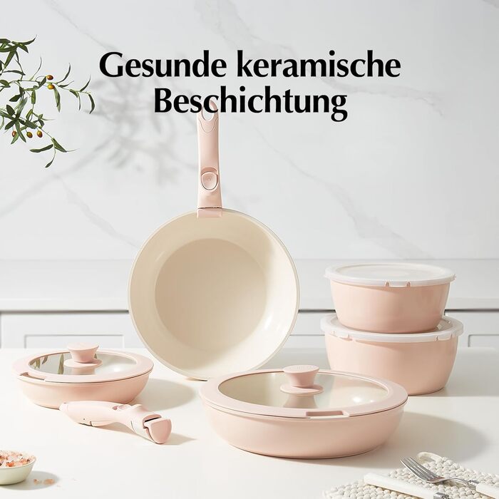 Набір посуду Redchef 16 предметів з антипригарним покриттям Ceramic, знімні ручки. Включає: сковороду 20/26 см, глибоку сковороду 26 см, каструлі 18/20 см. Підходить для всіх типів плит, духовка, можна складати. Колір: бежевий/рожевий