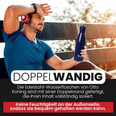 Термос-пляшка з нержавіючої сталі Otto Koning - двостінна вакуумна ізольована термопляшка. Зберігає напої холодними до 24 годин та гарячими до 12 годин. Безпечна, BPA-free (Морська синя, 500 мл)
