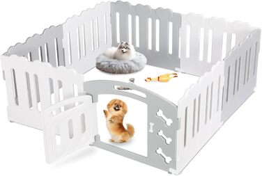 Летворешітка для цуценят Mamizо 60см, сталева та пластикова, з воротами та фіксаторами, для дому та на вулицю (7+1, сіро-біла)