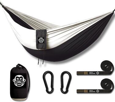 Ultralight Hammock including Carabiners & Heavy-Duty Straps (load capacity up to 220 kg, 275 x 140 cm) – ideal for camping, outdoor activities, trekking & as a travel hammock (Turquoise/Orange) (Black)