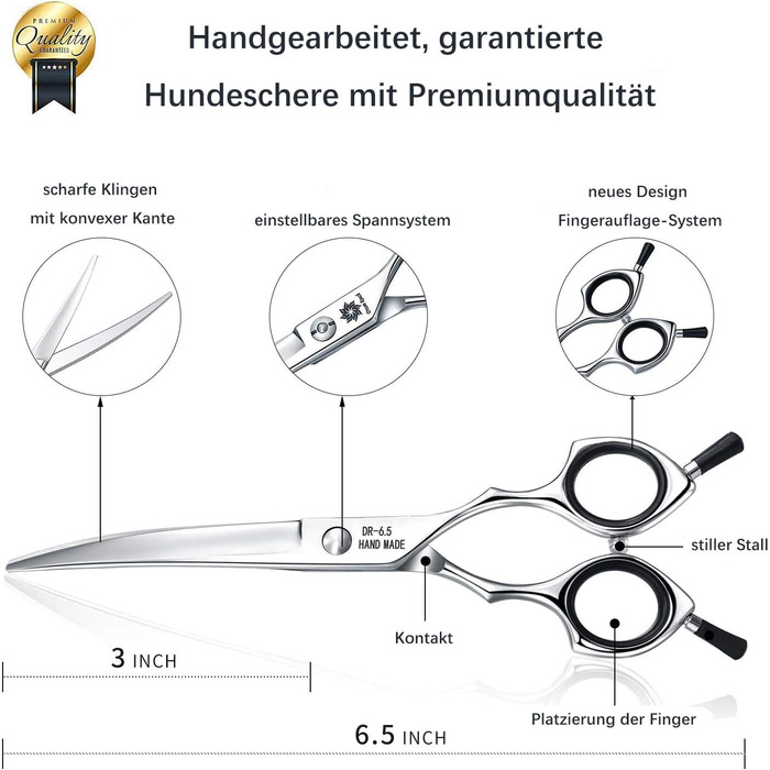 Ножиці для собак Dream Reach 6,5 дюйма, професійні ножиці для грумінгу, 440C нержавіюча сталь, для собак та котів, чорний колір
