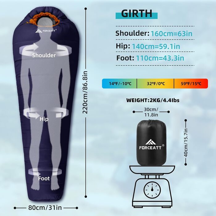Сплячий мішок Forceatt -10°C~15°C, 4-сезонний, для дорослих, водонепроникний, ультралегкий, для кемпінгу, подорожей, туризму та відпочинку. Колір: синій/темно-синій