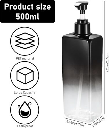 4 флакони для шампуню, мила та гелю для душу, 500 мл, з дозатором, наклейки, градієнт чорного кольору