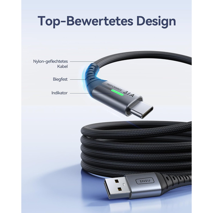 Кабель USB-C INIU, 3 шт. (2м+2м+0,5м), 3.1A, з LED-підсвічуванням, нейлон, для Samsung, iPhone, Pixel, iPad, MacBook