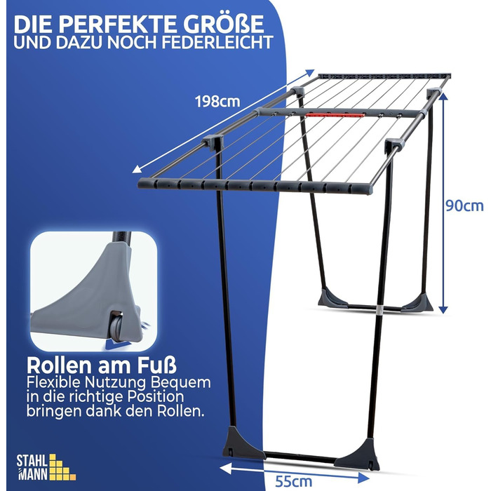 Сушарка для білизни розкладна STAHLMANN® 20м² чорна, з прищіпками для дрібної білизни - Made in EU