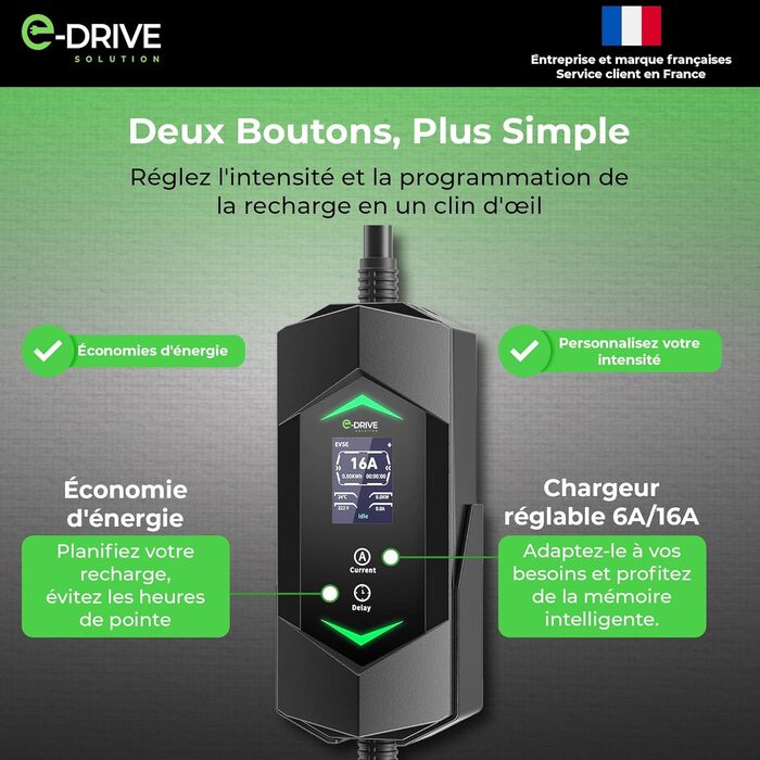 Зарядний пристрій для електромобілів 16A (3.7кВт) E-Drive Solution, 6м, Type 2, LCD, з тримачем, сумісний з Green Up/Skudo