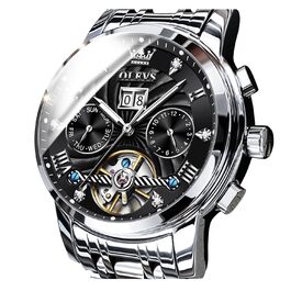 Чоловічий механічний годинник-скелетон OLEVS: автоматичний, з багатофункціональним календарем, водонепроникний, сталевий корпус (Сріблястий та Чорний)